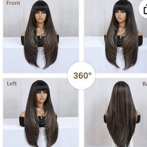 30" Long Layered Synthetic Highlight Brown Mix with Bangs w/ Wig Cap & Earrings